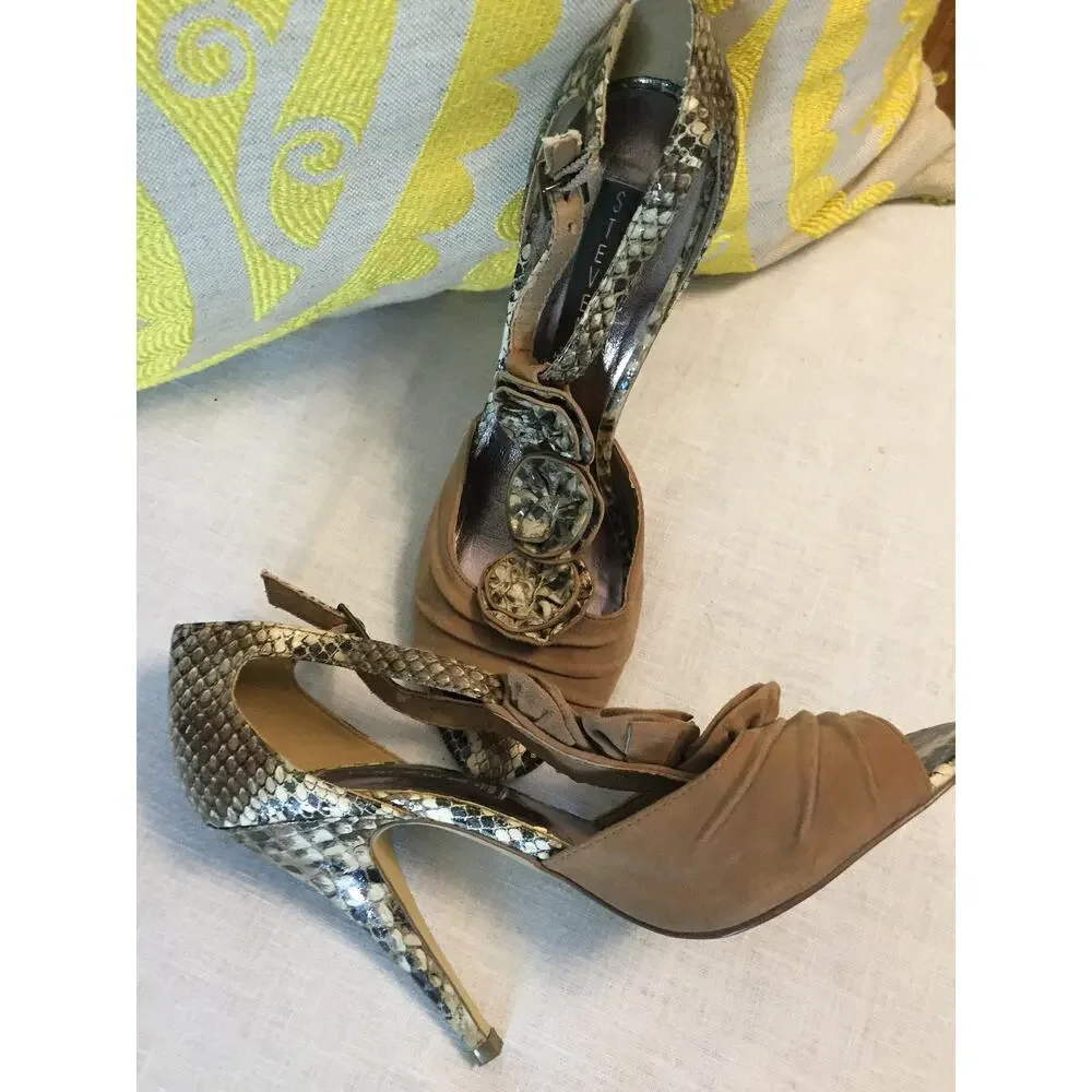 Vtg Steve Madden Tan Leather Suede Faux Snake Skin Open Toe Pump/Heels, SZ 8